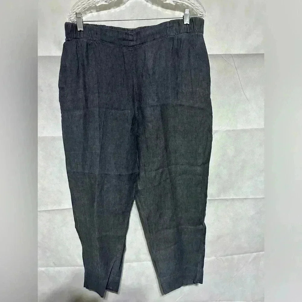 FLAX Women’s 100% Linen Pants Gray Large Cropped Wide Leg Comfortable Lagenlook